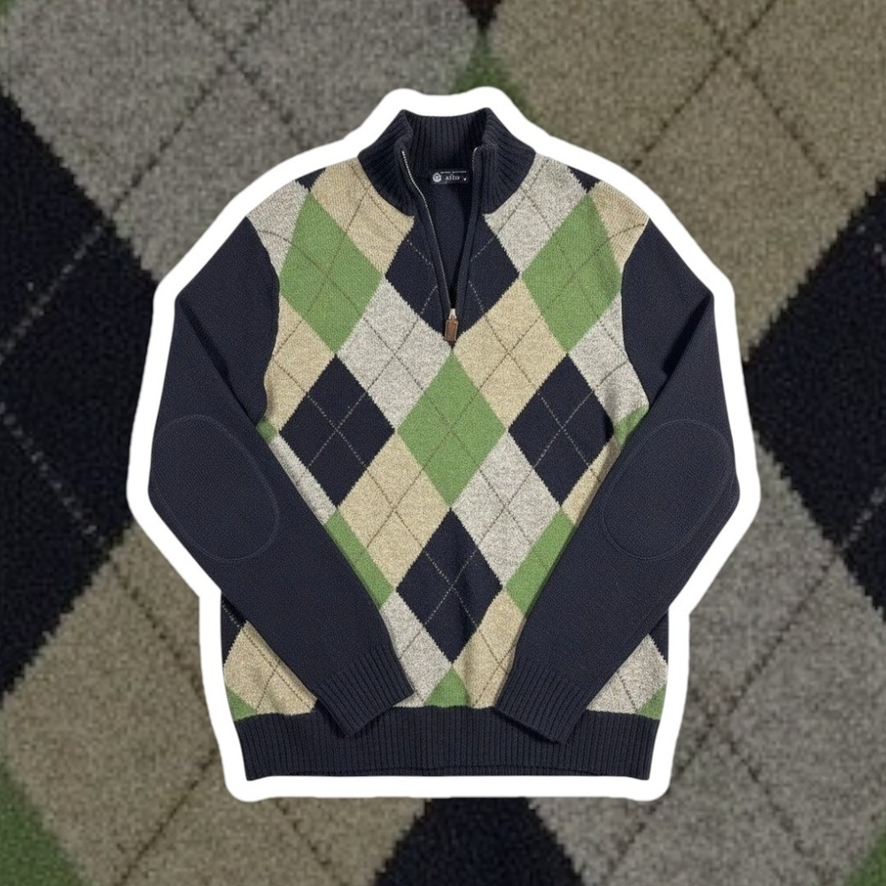 J. Crew Lambswool Quarter Zip Sweater Argyle Navy Blue Elbow Patch 97481 Size M